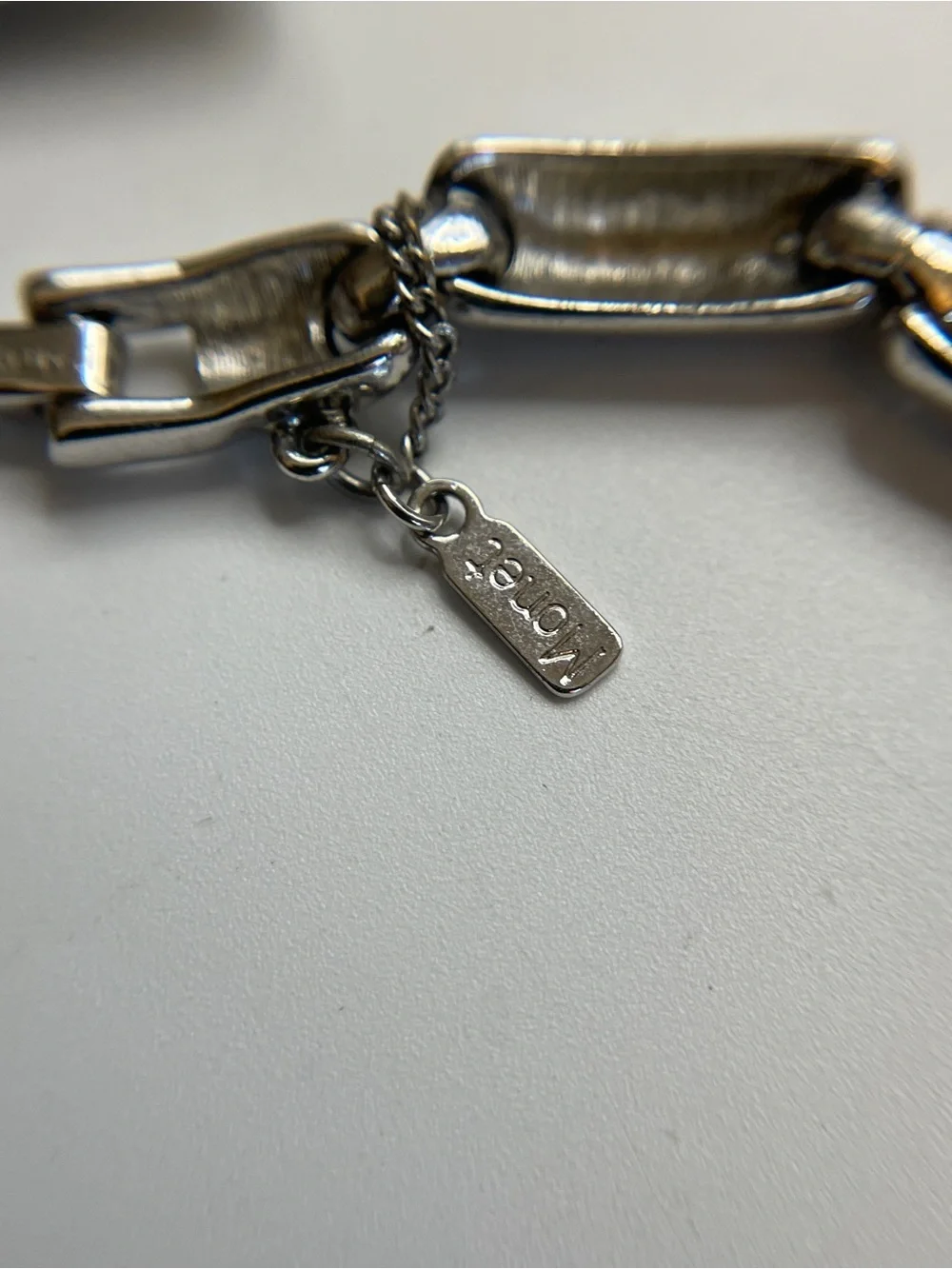 MONET Silver Tone Barrel Link Bracelet Fold Over Clasp Safety Chain Signed 7”